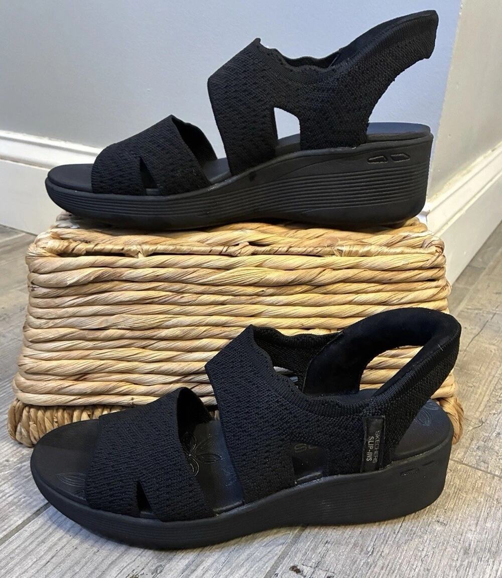 Skechers Slip-ins Pier-Lite Wedge Sandals Womens Size 10 Black Slip On